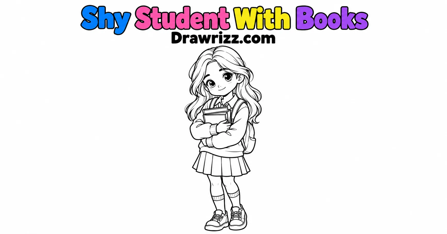 Alt Text (~125 characters): Character Sketch Ideas featuring a shy student holding books, with long hair, school outfit and backpack in clean black-and-white line art.