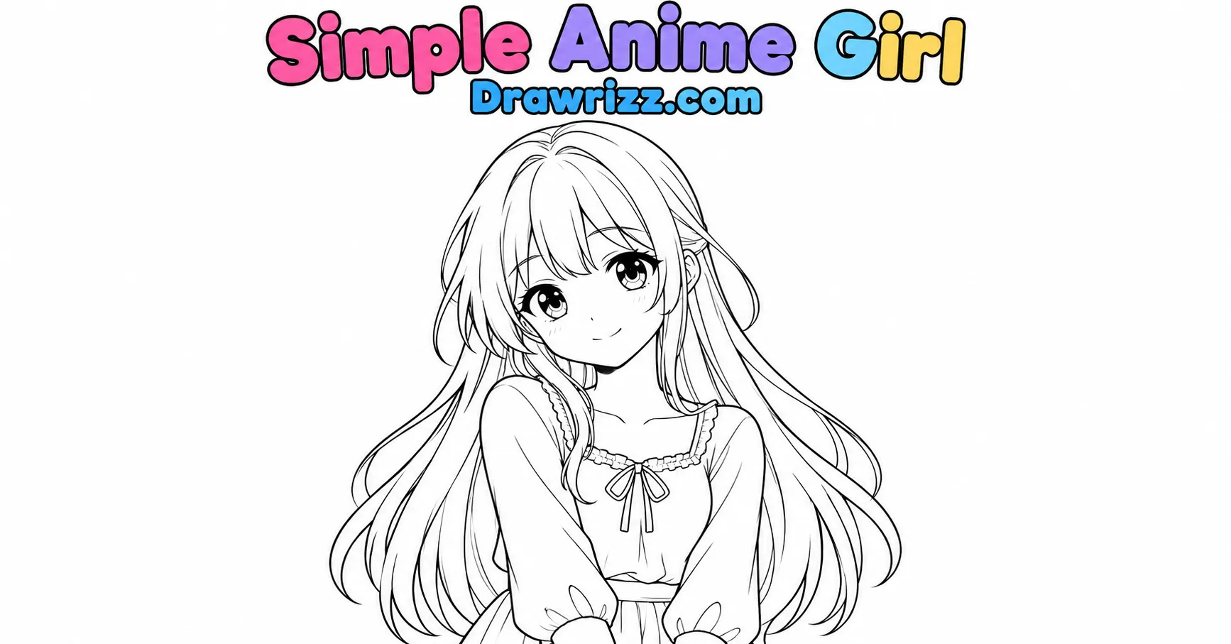 Character Sketch Ideas featuring a simple anime girl with expressive eyes, long flowing hair and a cute outfit in black-and-white line art.