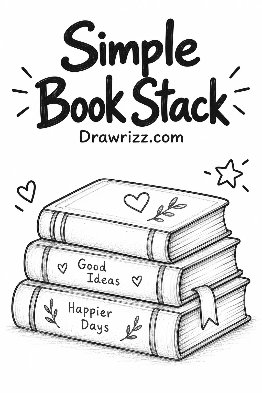 Easy Doodle Drawing Ideas featuring a simple book stack with hearts, leafy details and charming pencil art for new beginners.