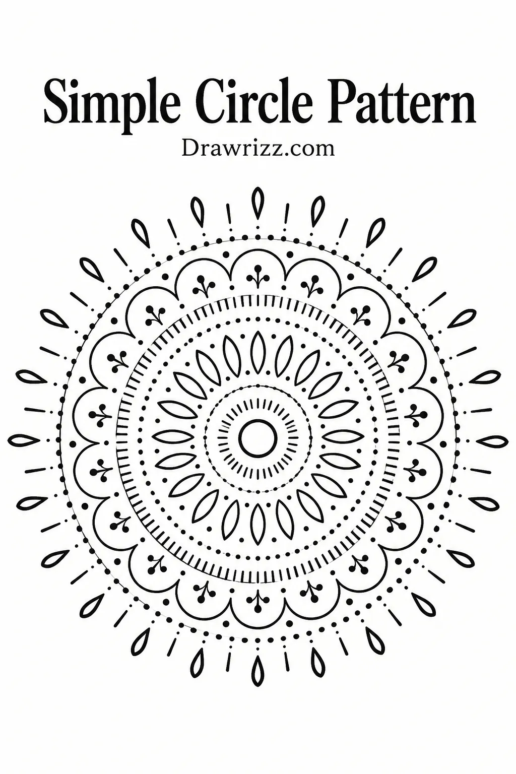 Mandala Drawing Ideas featuring a simple circular pattern with layered petals, dots, curved borders, and symmetrical decorative line art.