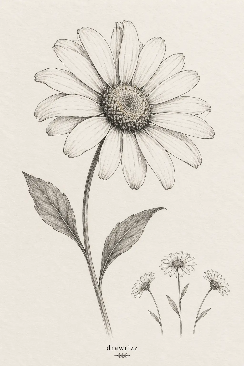 Simple Daisy easy flower drawing ideas featuring a delicate pencil sketch with detailed petals, textured center, stem and leaves.