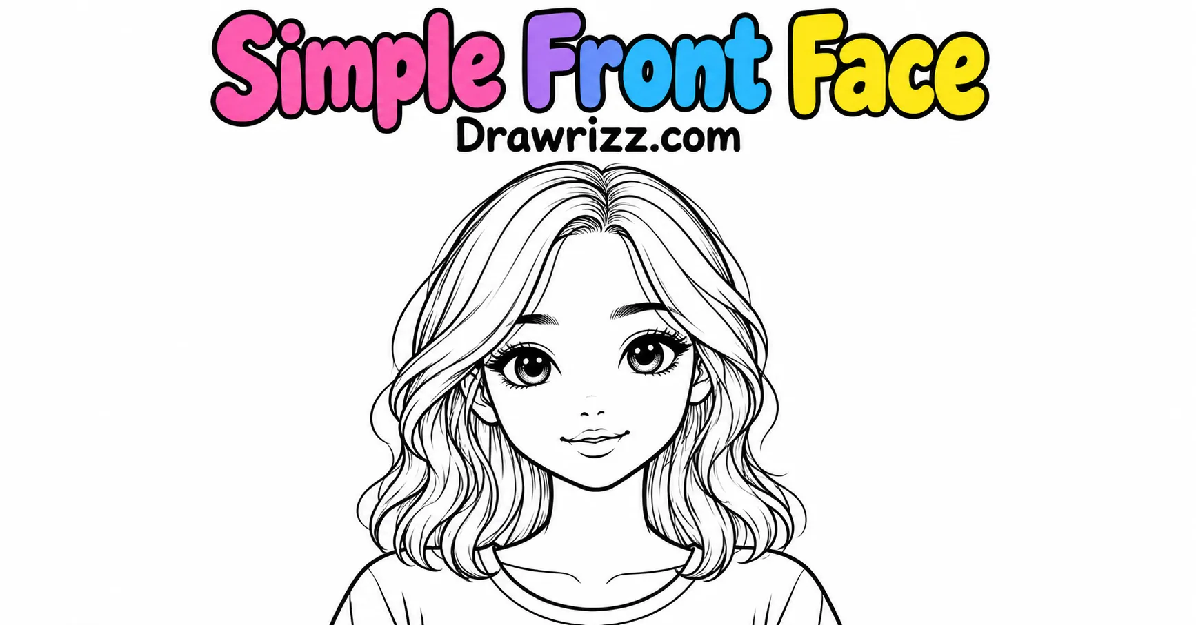 Girl Sketch Drawing Ideas featuring a simple front face portrait with expressive eyes, wavy hair, and clean black and white line art.