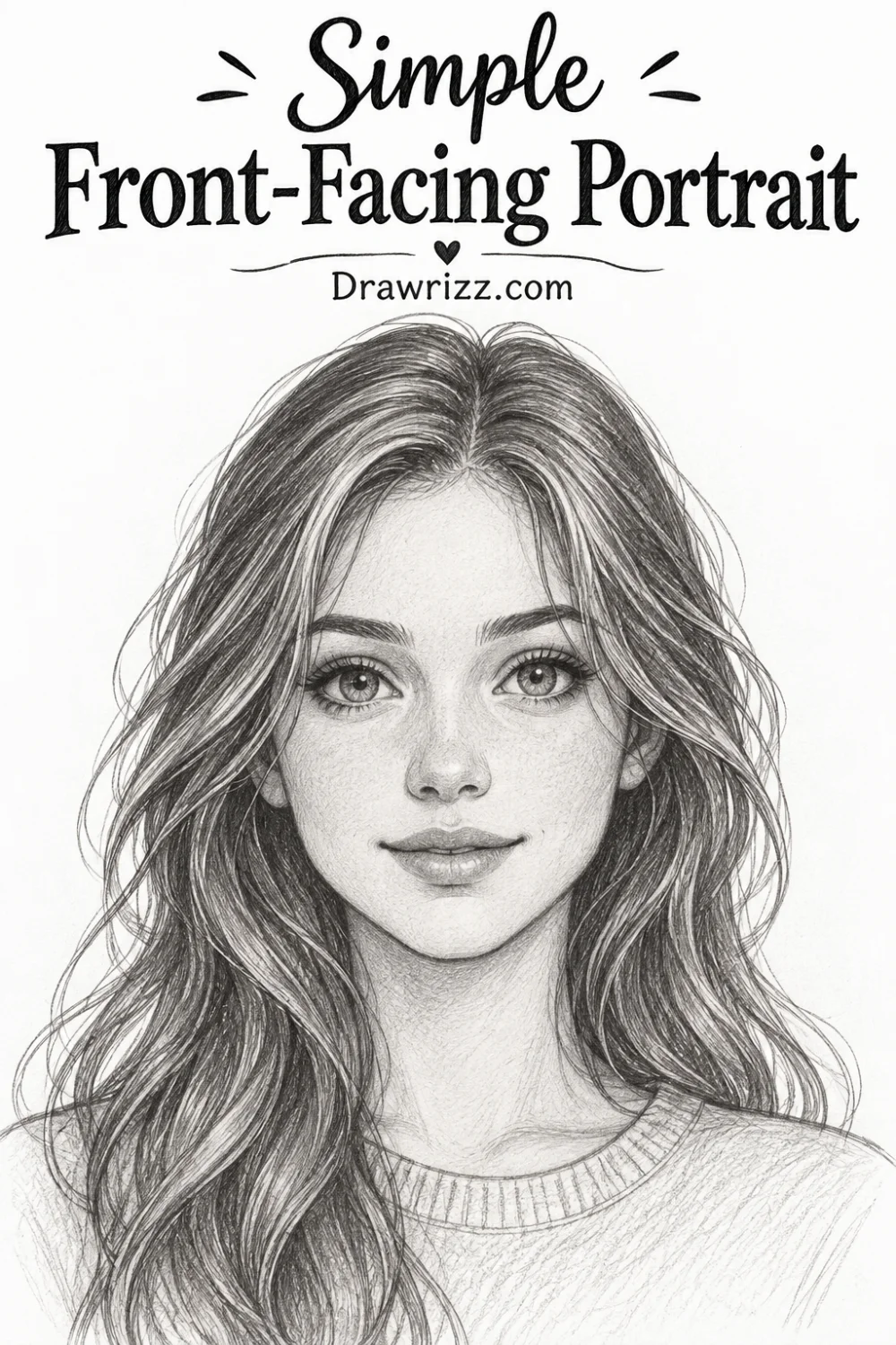 Simple front-facing portrait drawing featuring a detailed pencil sketch of a young woman with long wavy hair and realistic facial features.