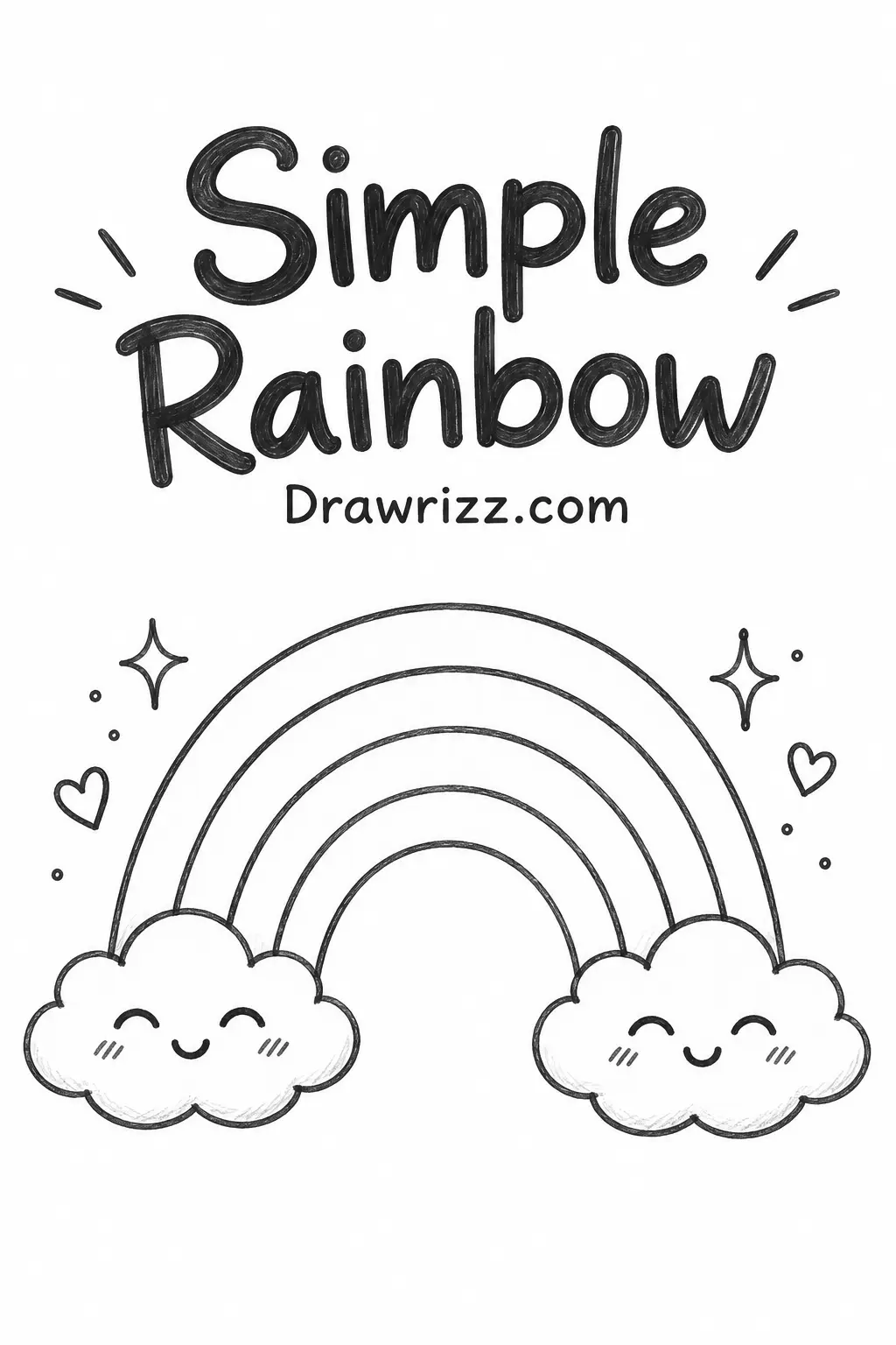 Easy Doodle Drawing Ideas featuring a simple rainbow with smiling clouds, tiny hearts and sparkles for beginner sketch practice.