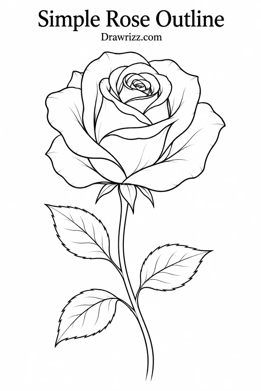 Simple rose outline drawing with clean black line art, layered petals, long curved stem and detailed leaves for beginner sketch inspiration