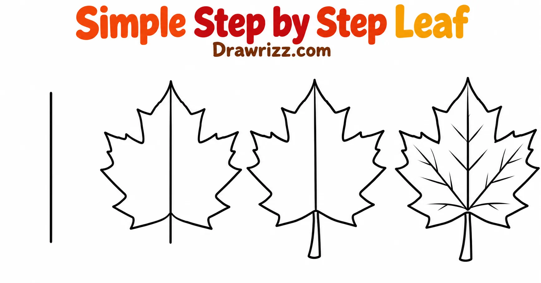 Fall Leaves Drawing Ideas showing a simple step-by-step maple leaf sketch with easy outlines and veins for beginner autumn drawing
