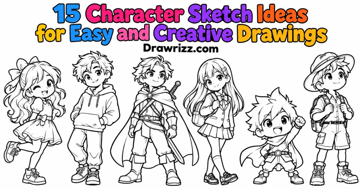15 Character Sketch Ideas featuring easy cute cartoon, anime, fantasy, chibi, boy and girl character drawings for beginners.