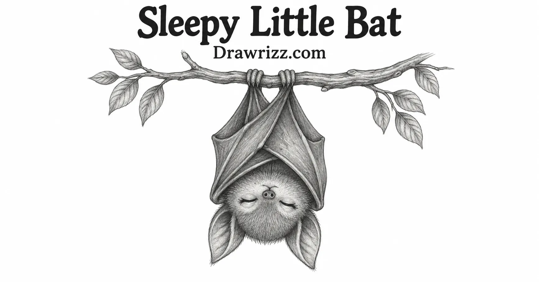 35 Halloween Drawing Ideas for Cute and Spooky Sketches Sleepy Little Bat drawing featuring a cute upside-down bat hanging from a leafy branch with closed eyes and detailed pencil shading