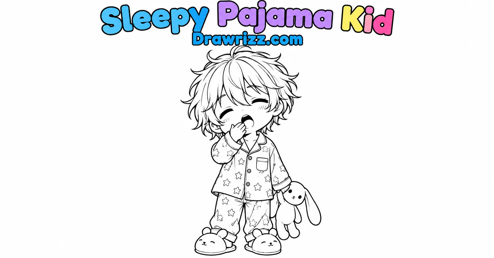 Character Sketch Ideas featuring a sleepy pajama kid yawning in star pajamas and slippers with cute black-and-white cartoon line art.