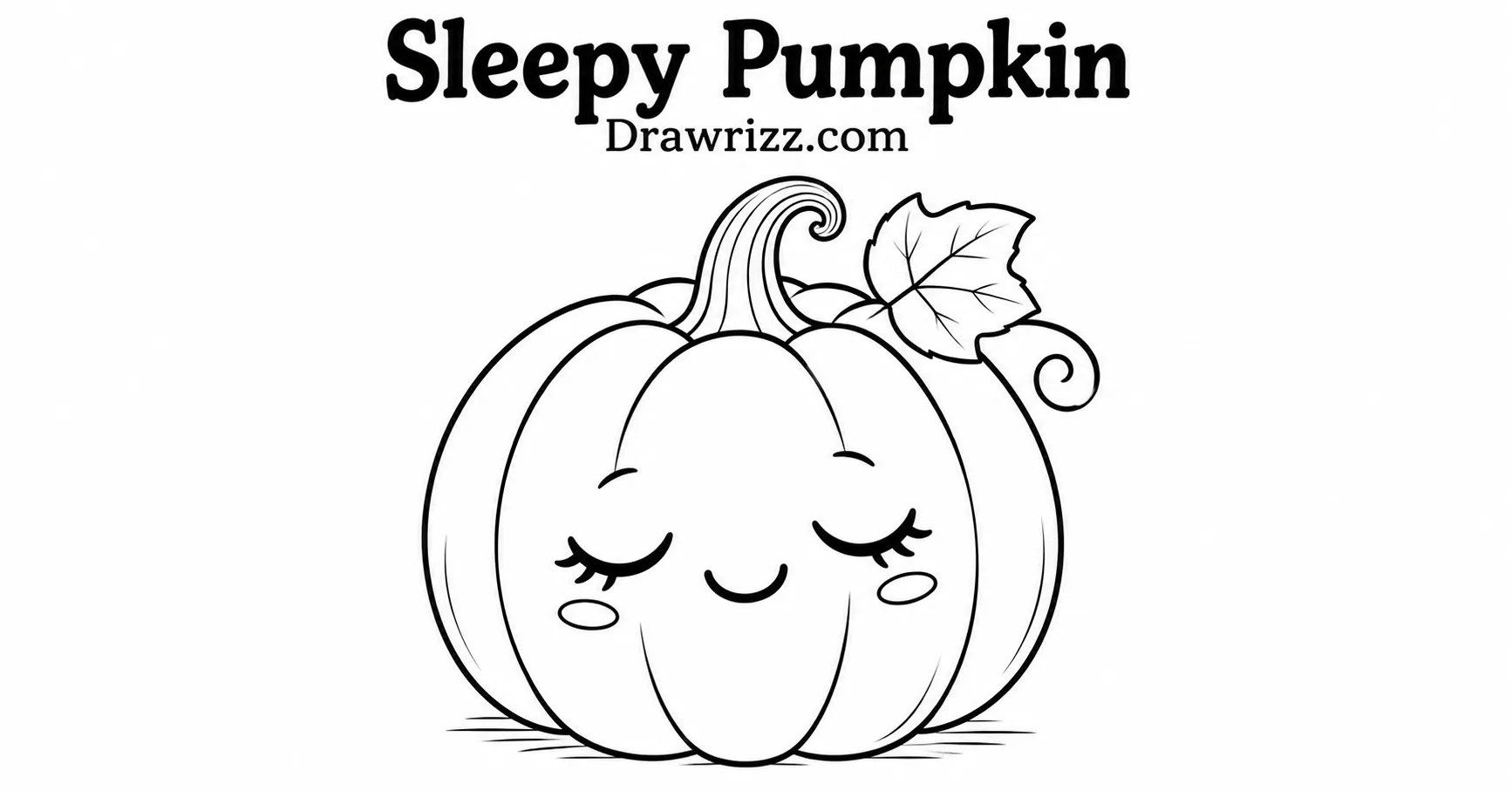 35 Halloween Drawing Ideas for Cute and Spooky Sketches Sleepy Pumpkin drawing featuring a cute pumpkin with closed eyes, gentle smile, curled stem, leaf, and clean black-and-white outlines.