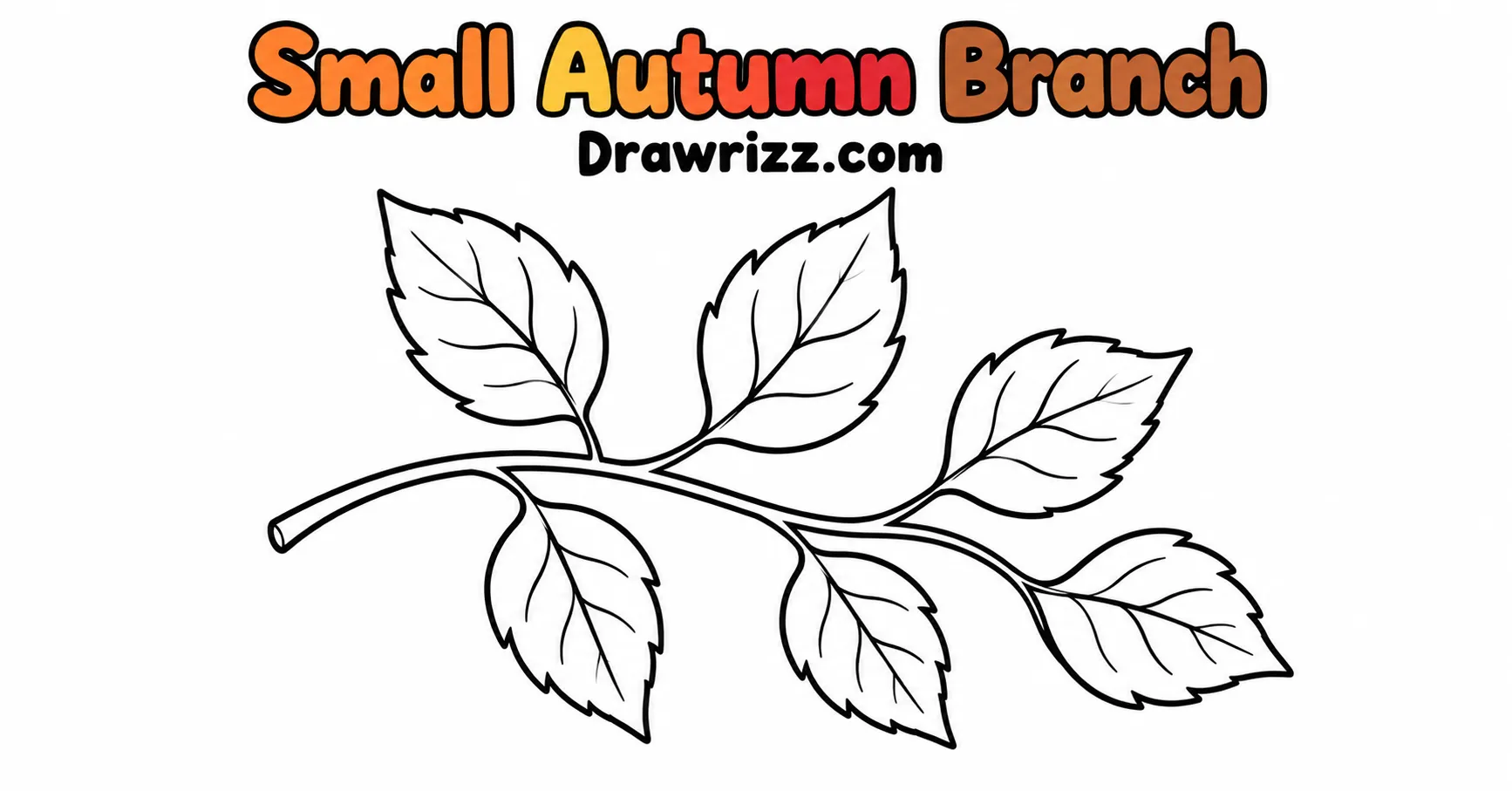Fall Leaves Drawing Ideas featuring a small autumn branch with six simple leaves, clean veins and bold outlines for easy coloring