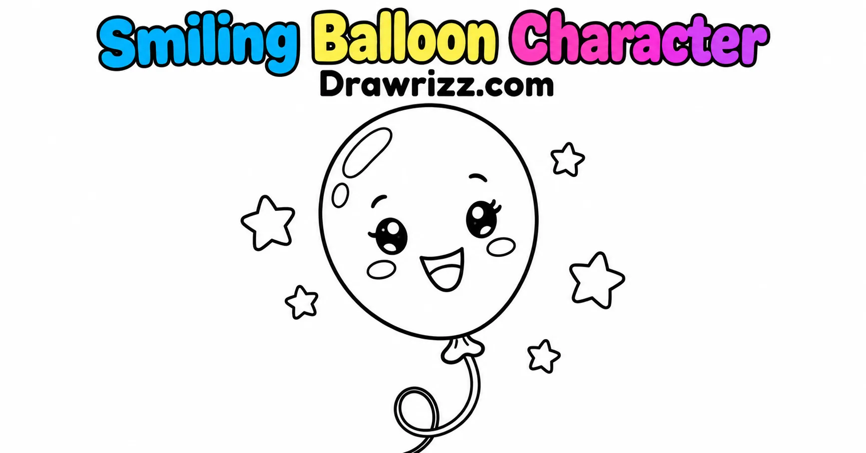 Happy Birthday Drawing Ideas featuring a cute smiling balloon character with a curling string and stars in easy black and white line art.