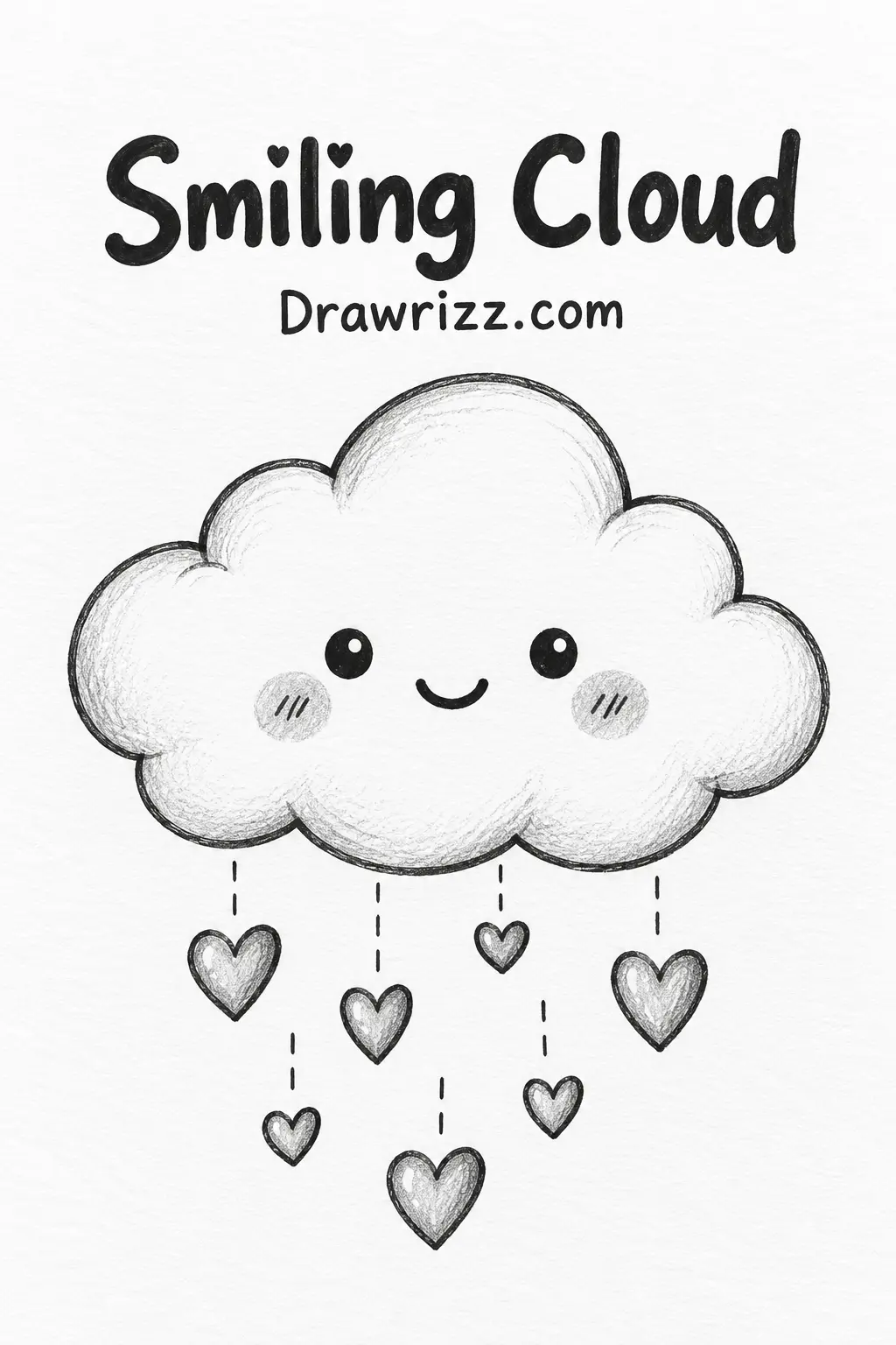 Easy Doodle Drawing Ideas featuring a smiling cloud with sweet heart raindrops in simple black and white pencil sketch style.