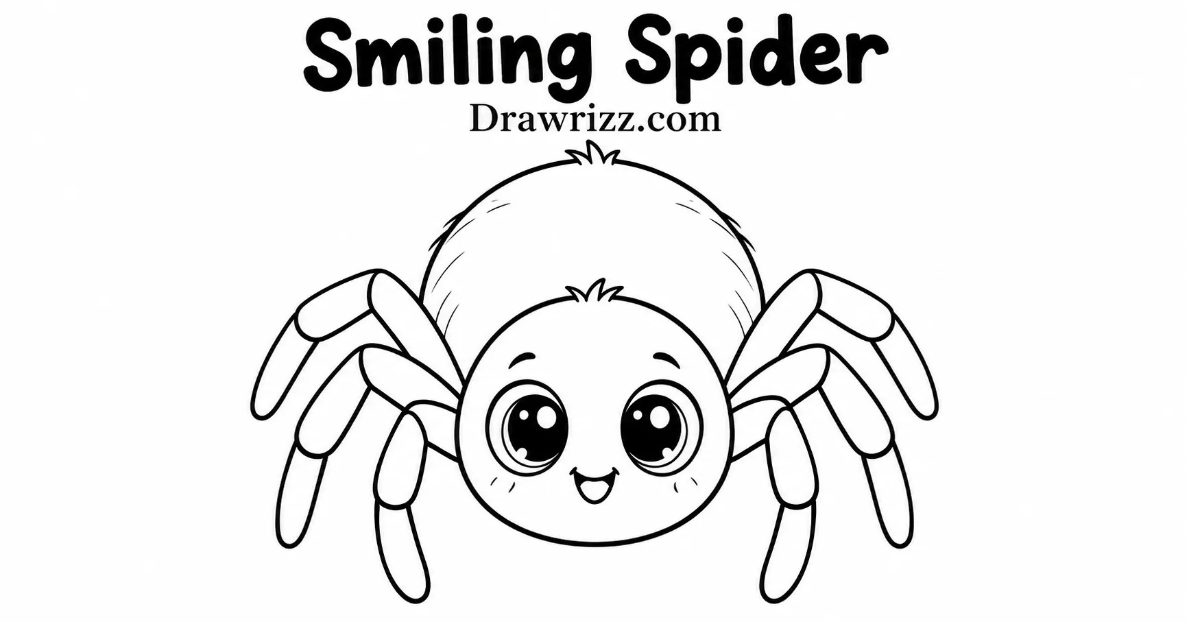 35 Halloween Drawing Ideas for Cute and Spooky Sketches Smiling Spider drawing featuring a cute cartoon spider with eight curved legs, big friendly eyes, and clean black-and-white outlines.