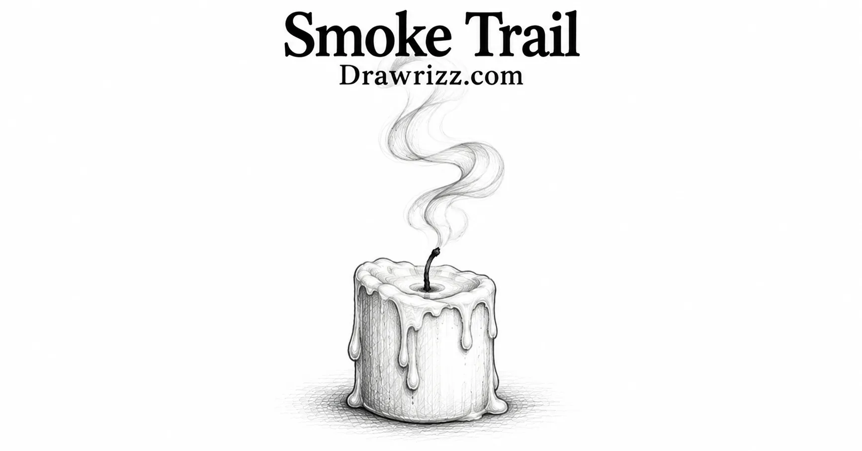 Smoke Trail candle drawing with extinguished wick, curling smoke, dripping wax, and detailed black and white pencil shading.