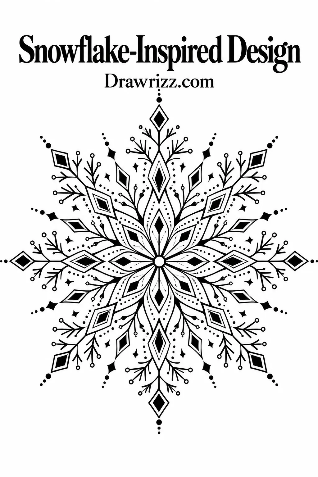 Mandala Drawing Ideas featuring a snowflake-inspired design with geometric diamonds, delicate branching lines, dotted accents, and crisp radial symmetry.