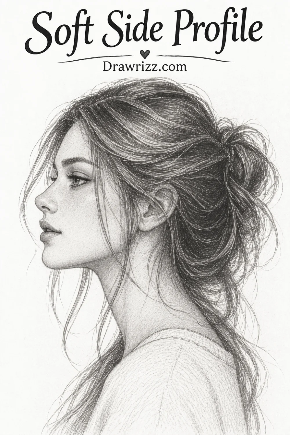 Soft side profile portrait drawing featuring a detailed pencil sketch of a young woman with an elegant updo and realistic facial features.