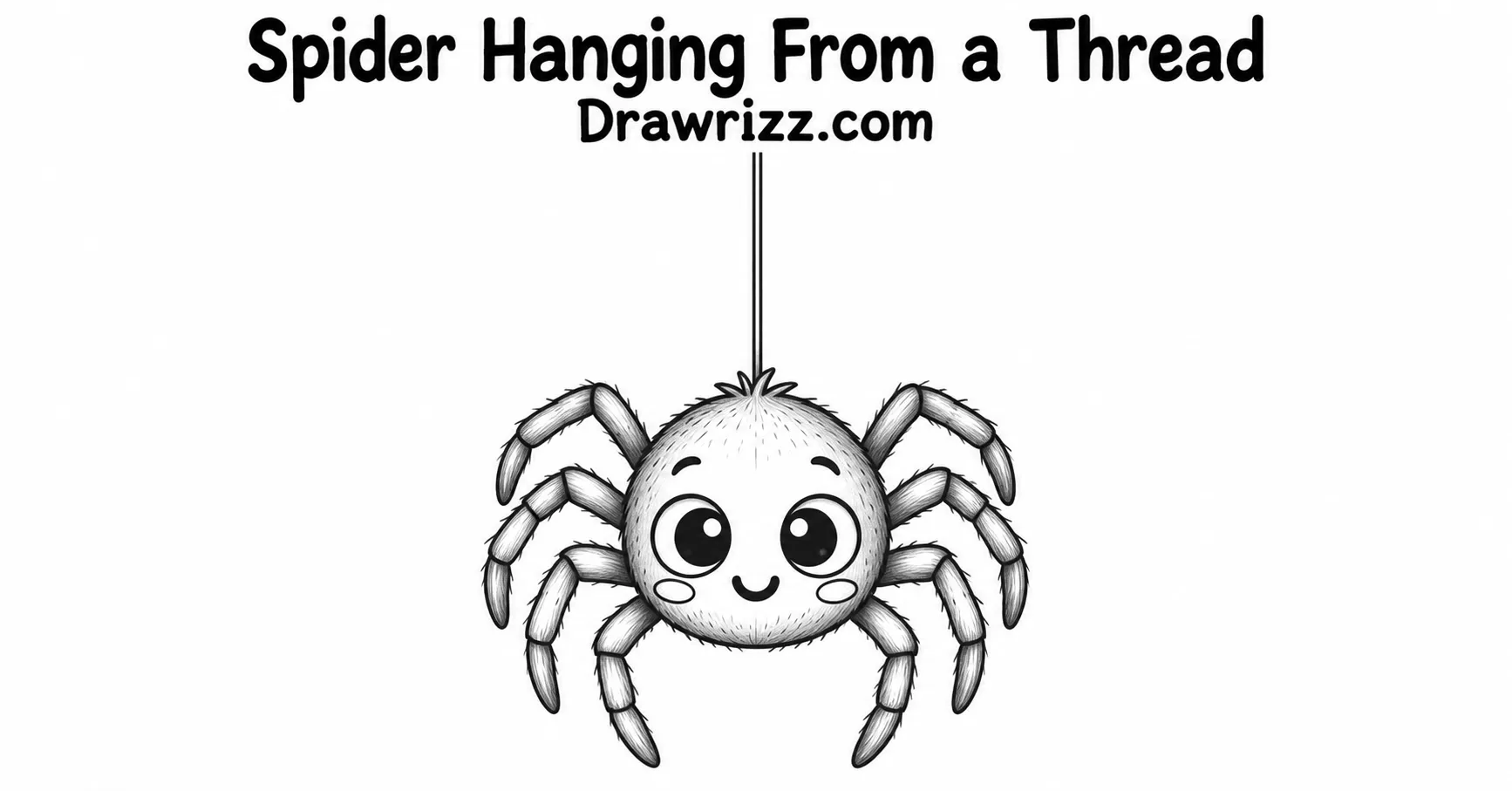 35 Halloween Drawing Ideas for Cute and Spooky Sketches Spider Hanging From a Thread drawing featuring a cute smiling spider with eight curved legs, big eyes, and detailed pencil shading