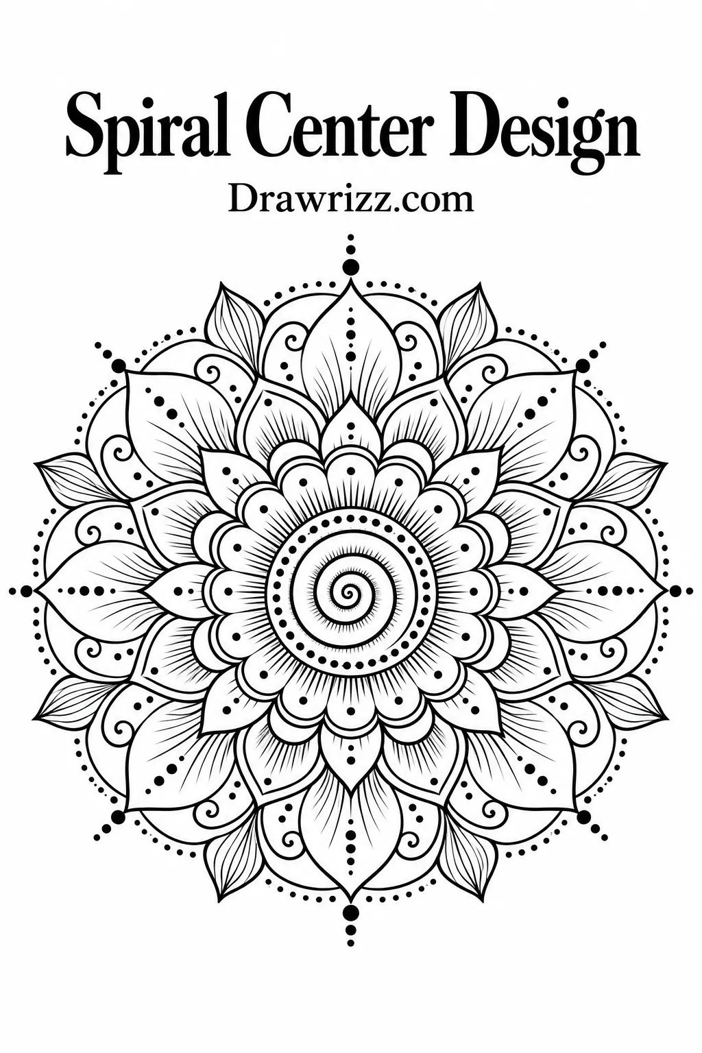 Mandala Drawing Ideas featuring a spiral center design with layered floral petals, curved details, decorative dots, and elegant radial symmetry