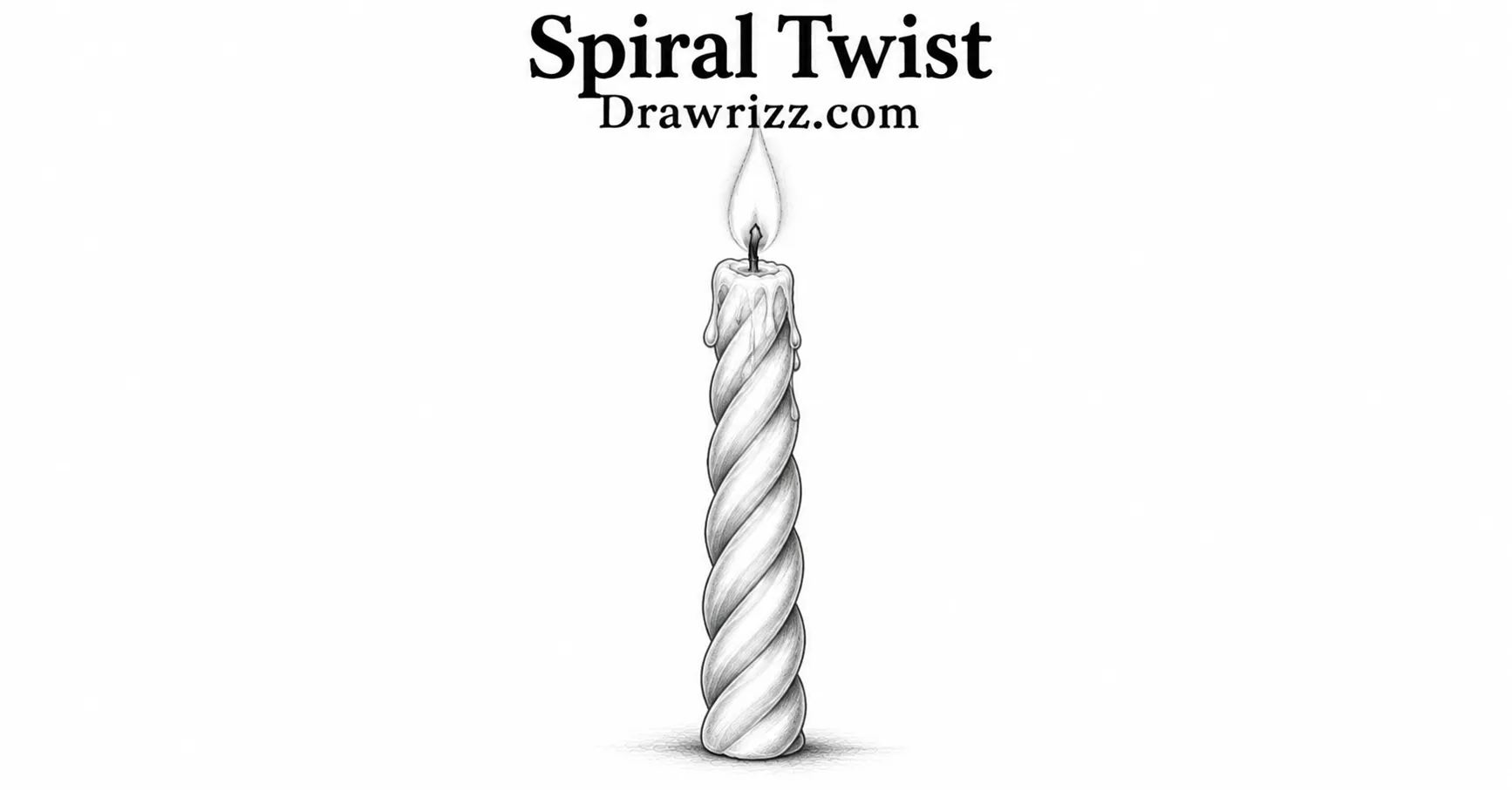 Spiral Twist candle drawing with elegant twisted wax, glowing flame, subtle melting drips, and detailed black and white pencil shading.