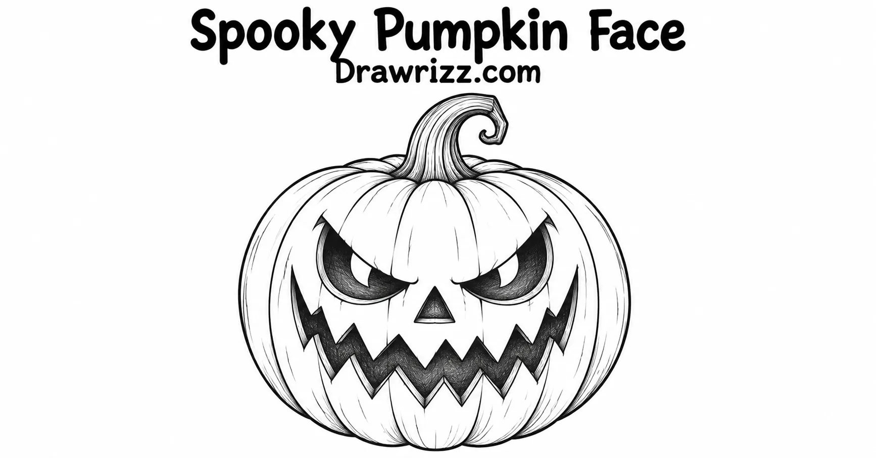 35 Halloween Drawing Ideas for Cute and Spooky Sketches Spooky Pumpkin Face drawing featuring a scary jack-o-lantern with angry eyes, jagged grin, curled stem, and bold Halloween details