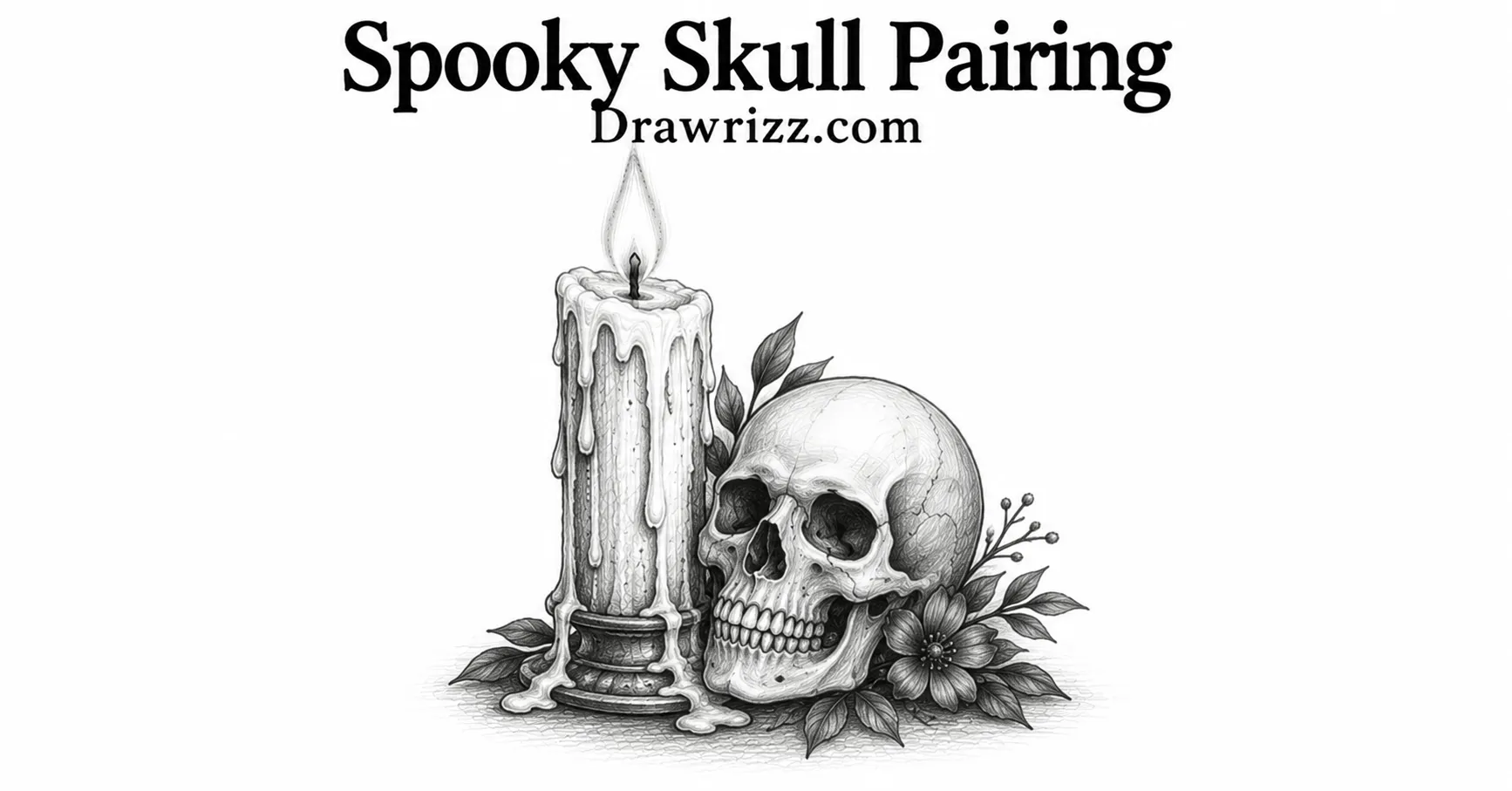 Spooky Skull Pairing candle drawing with melting wax, detailed skull, floral accents, and eerie black and white pencil sketch.