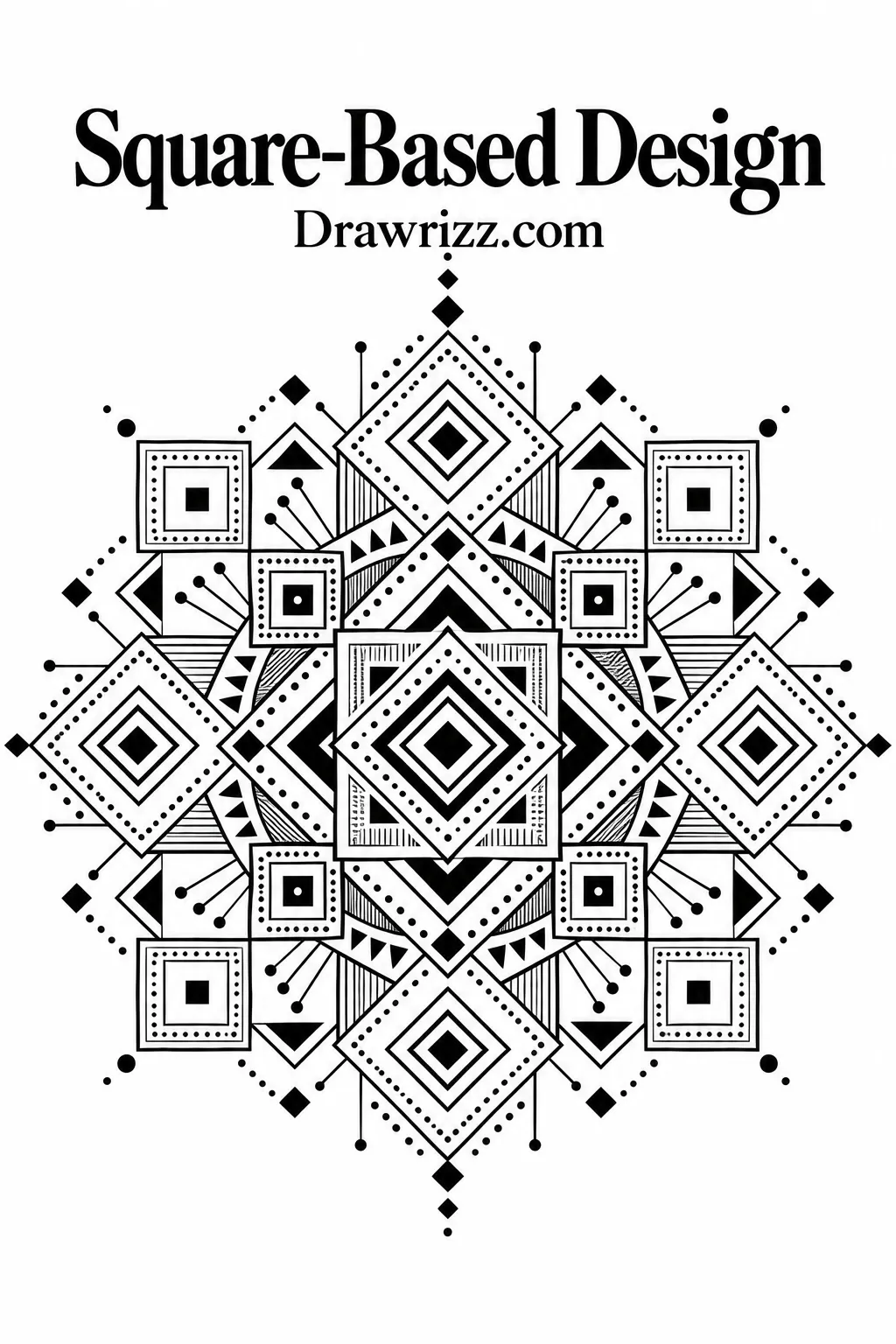 Mandala Drawing Ideas featuring a square-based geometric design with layered diamonds, bold black details, dots, lines, and balanced symmetry.