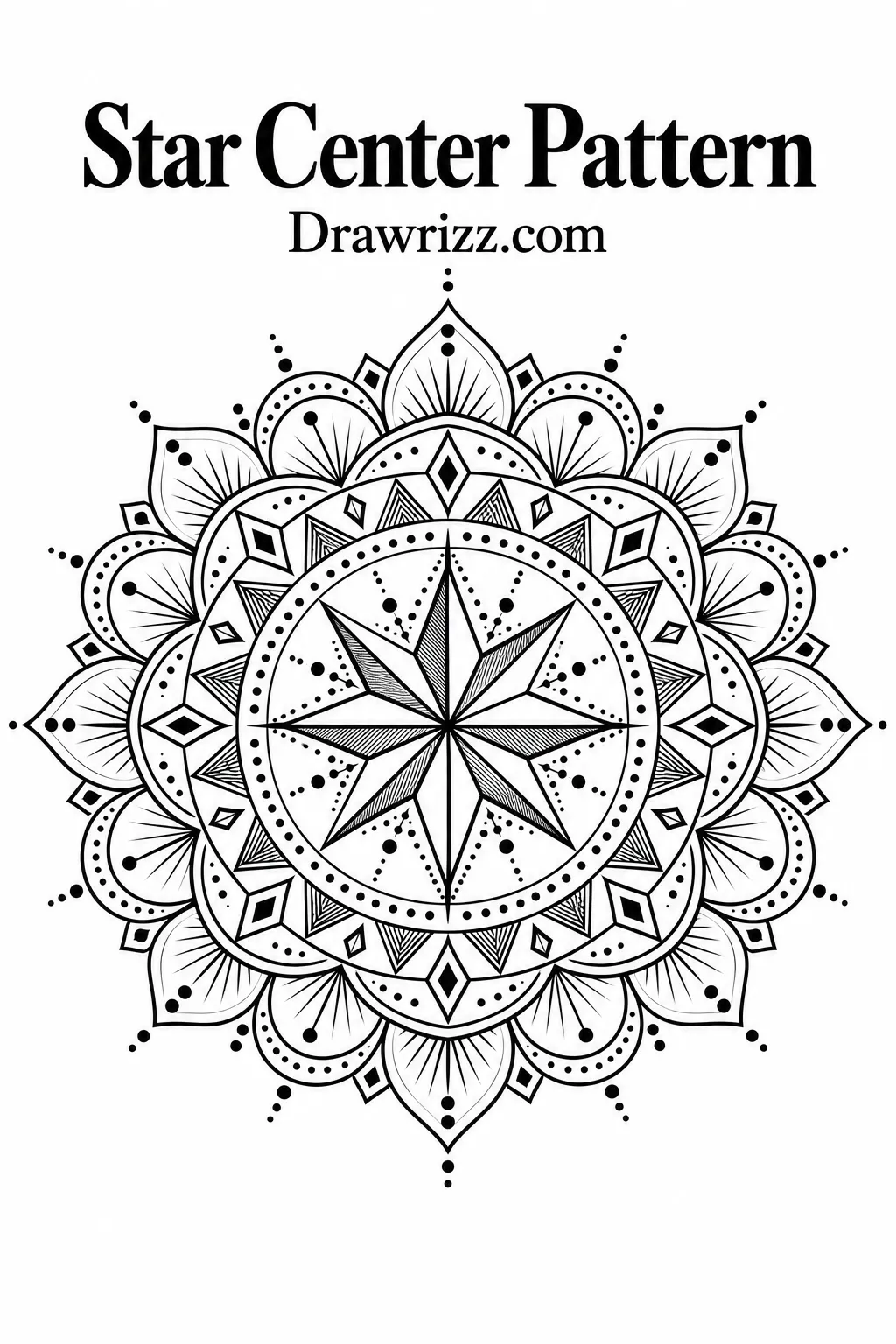 Mandala Drawing Ideas featuring a star center pattern with layered petals, geometric diamonds, dotted accents, and detailed radial symmetry