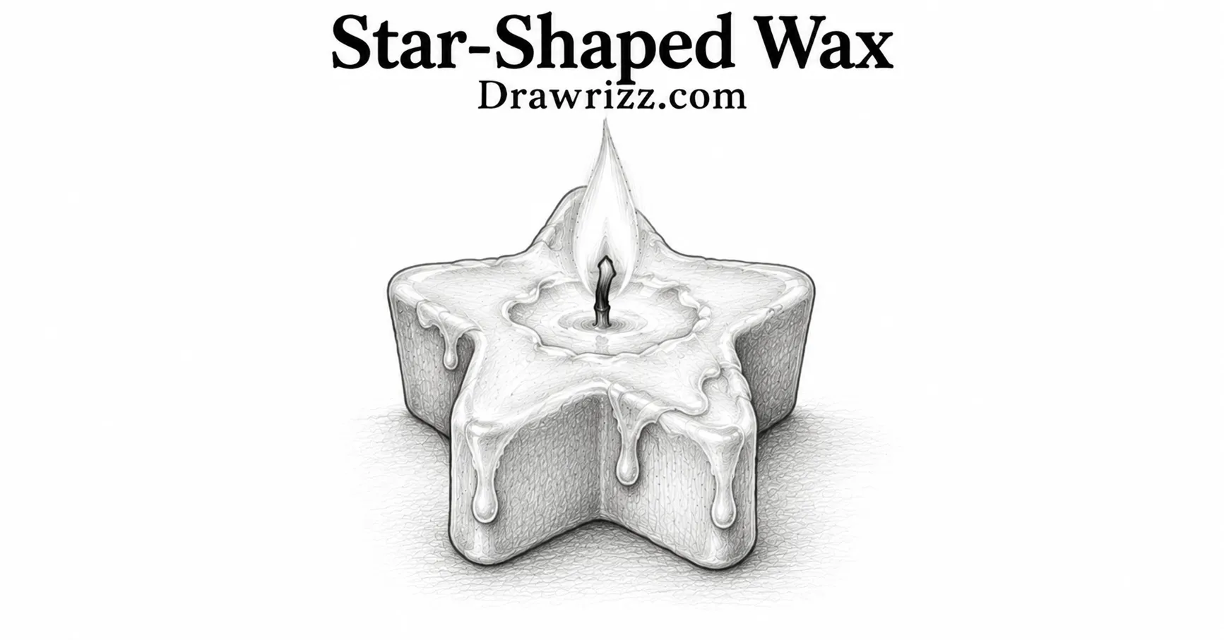 Star-Shaped Wax candle drawing with glowing flame, melting wax drips, unique star form, and detailed black and white pencil shading.