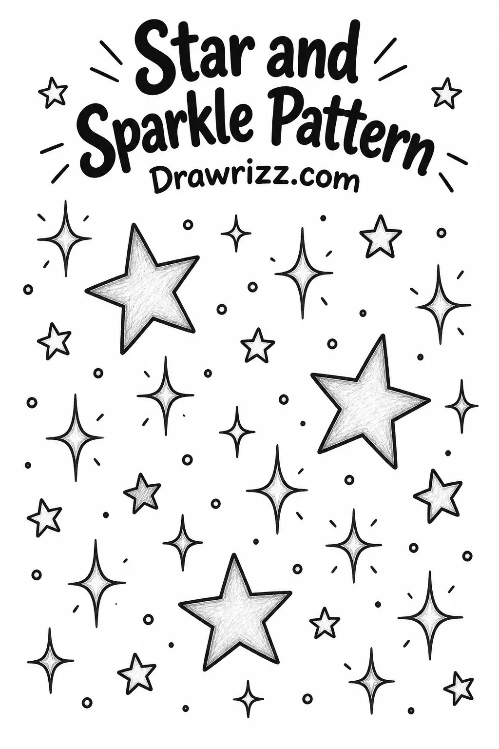 Easy Doodle Drawing Ideas featuring a simple star and sparkle pattern with hand-drawn stars, twinkles and tiny dots for beginners.