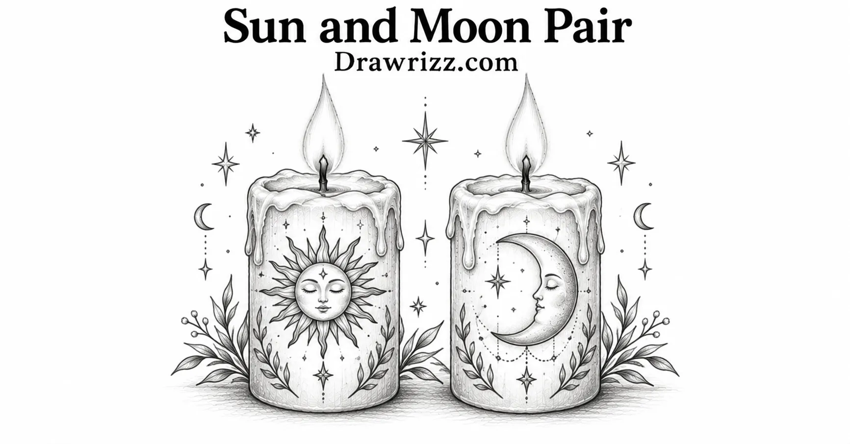 Sun and Moon Pair candle drawing with celestial symbols, glowing flames, leafy details, and intricate black and white pencil art.