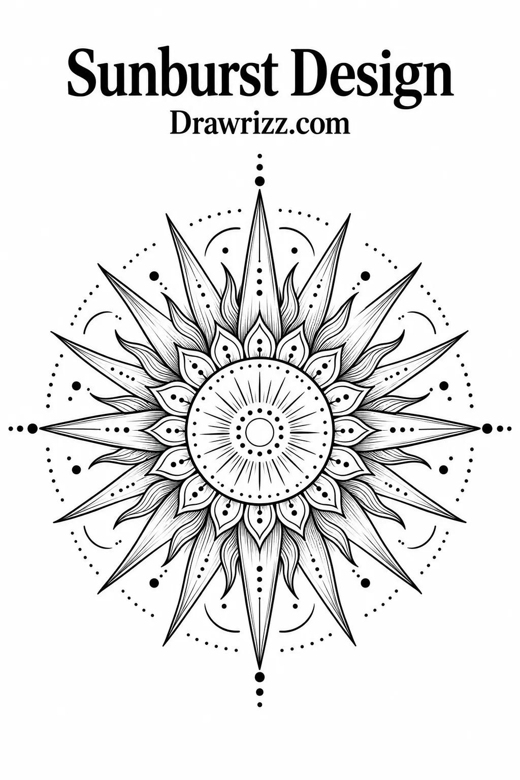 Mandala Drawing Ideas featuring a bold sunburst design with pointed rays, layered petals, delicate dots, and detailed radial symmetry.