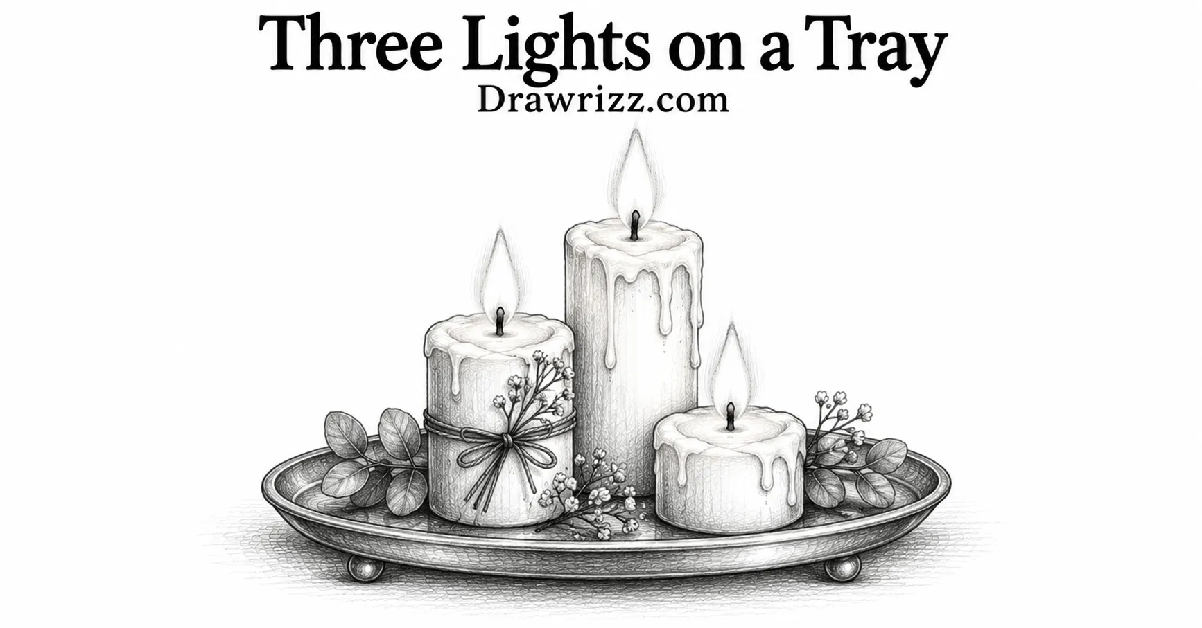 Three Lights on a Tray candle drawing with three burning candles, melting wax, leafy accents, and detailed black and white pencil art