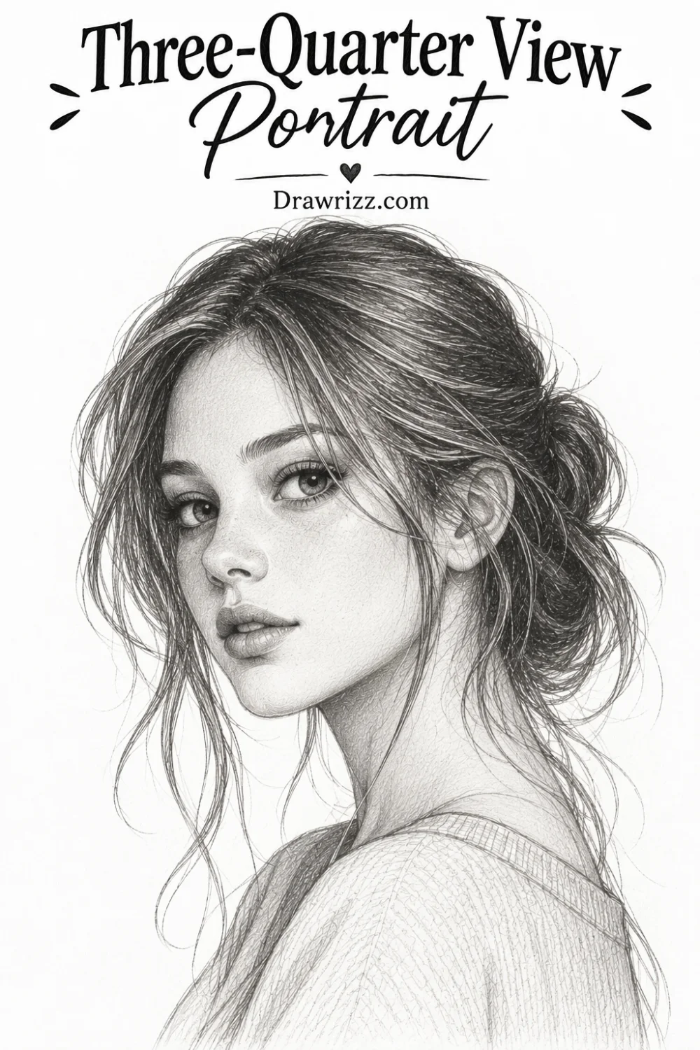 Three-quarter view portrait drawing featuring a detailed pencil sketch of a young woman with an elegant updo and realistic facial features.