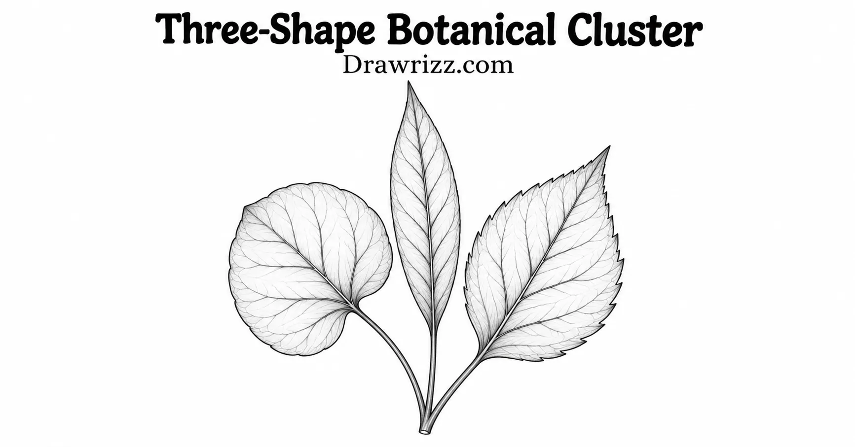 35 Leaf Drawing Ideas for Creative Botanical Sketches Leaf Drawing Ideas featuring a botanical cluster of three unique leaf shapes with fine veins and clean black and white line art.