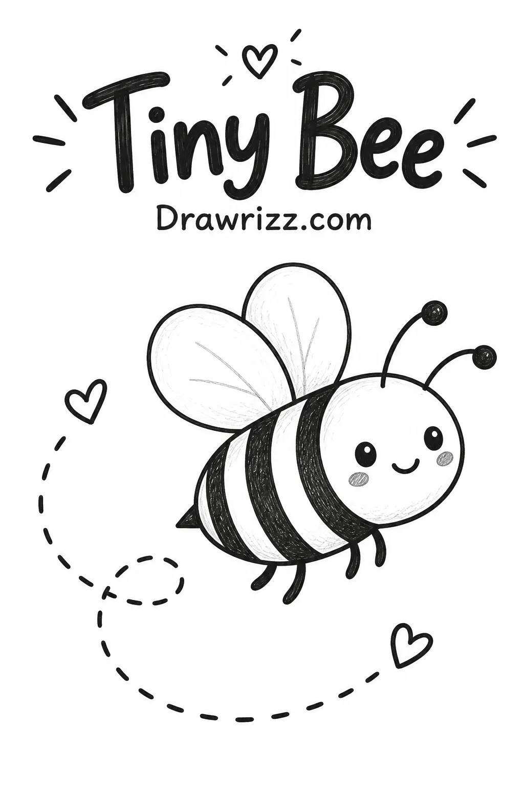 Easy Doodle Drawing Ideas featuring a tiny bee with cute wings, striped body, smiling face and simple pencil details for beginners.