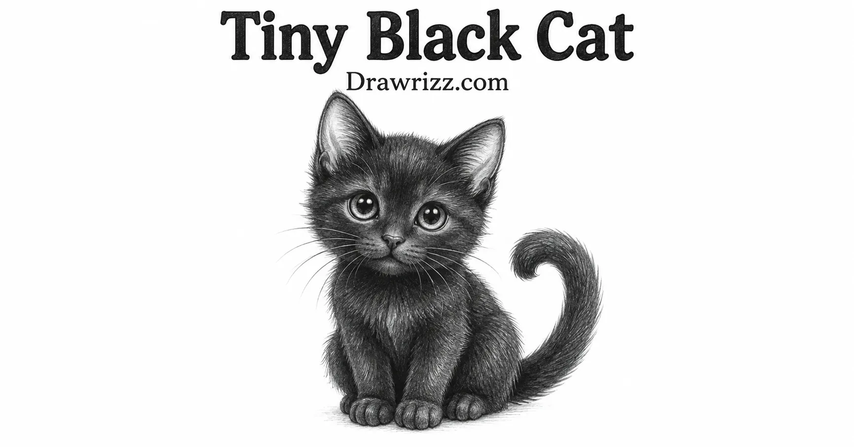 35 Halloween Drawing Ideas for Cute and Spooky Sketches Tiny Black Cat drawing featuring a cute seated kitten with bright eyes, detailed black fur, curled tail, and pencil shading.