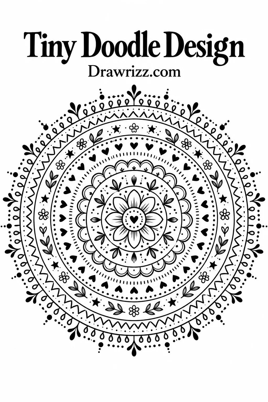 Mandala Drawing Ideas featuring a tiny doodle design with hearts, flowers, stars, leaves, dots, scallops, and playful circular details.