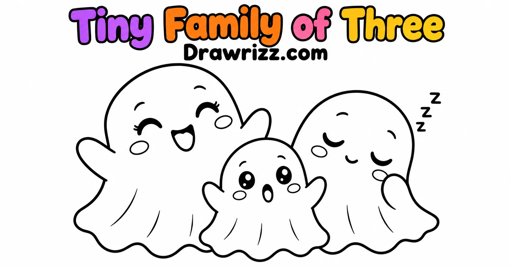 Tiny Family of Three from Ghost Drawing Ideas, featuring three cute ghosts with happy, surprised and sleepy faces for kids coloring