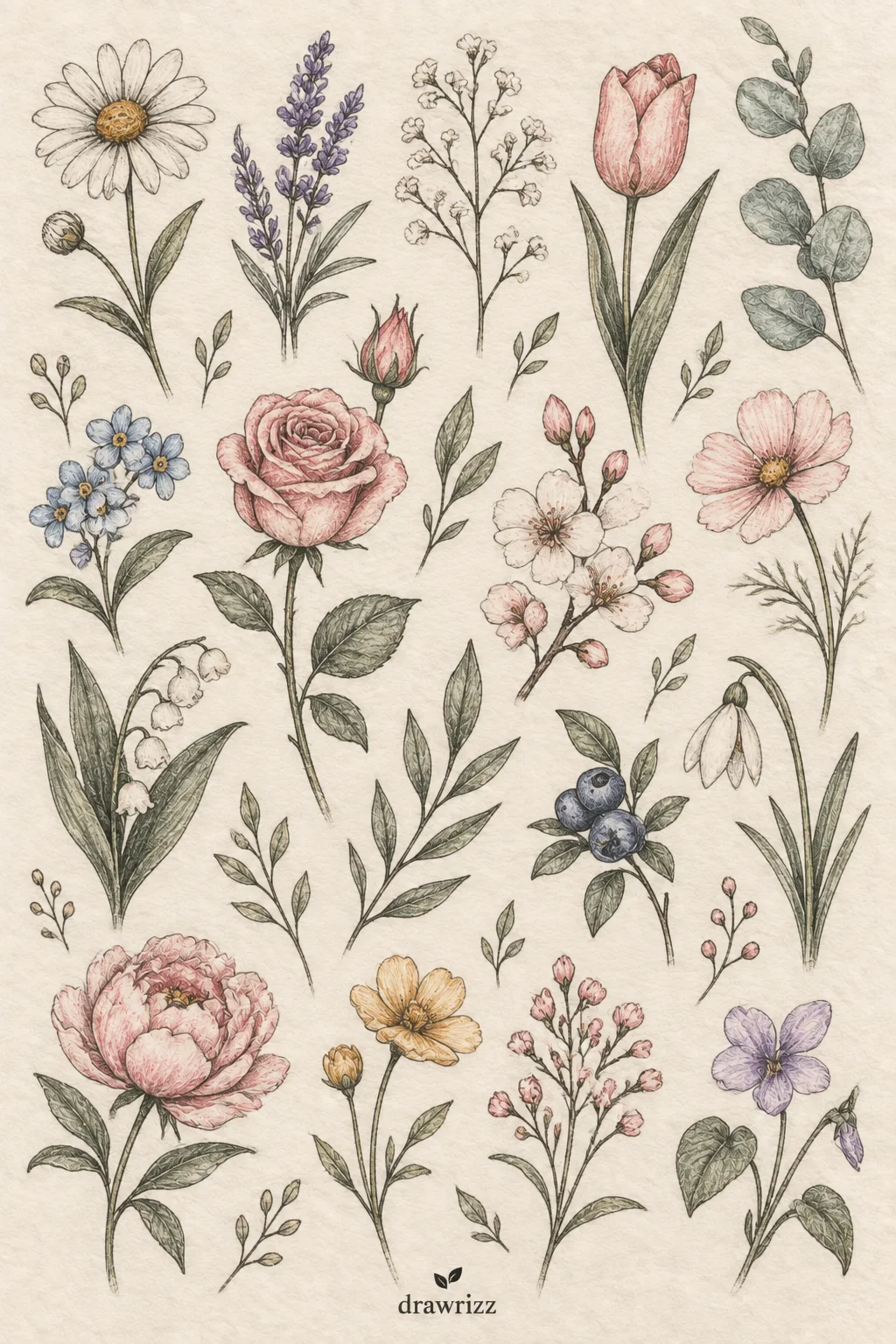 Tiny Floral Doodles easy flower drawing ideas featuring mini roses, daisies, tulips, lavender, peonies and leafy botanical sketches.