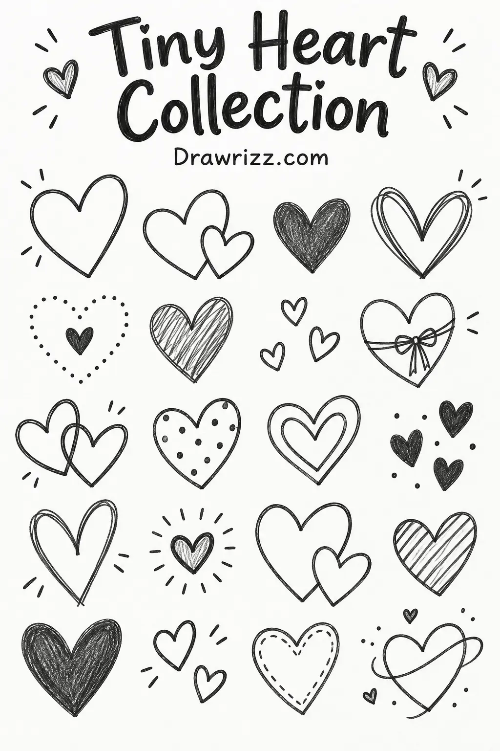 Easy Doodle Drawing Ideas featuring tiny heart sketches, cute patterns and simple black-and-white design for young beginners.