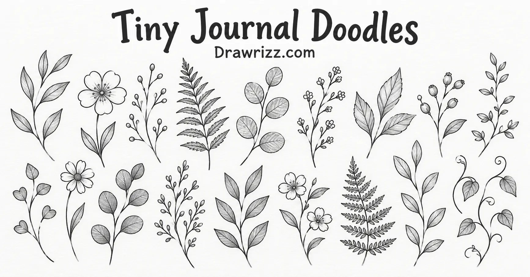 35 Leaf Drawing Ideas for Creative Botanical Sketches Leaf Drawing Ideas featuring tiny journal doodles with delicate leafy branches, mini flowers, fern fronds, vines and simple botanical sprigs in black-and-white line art.