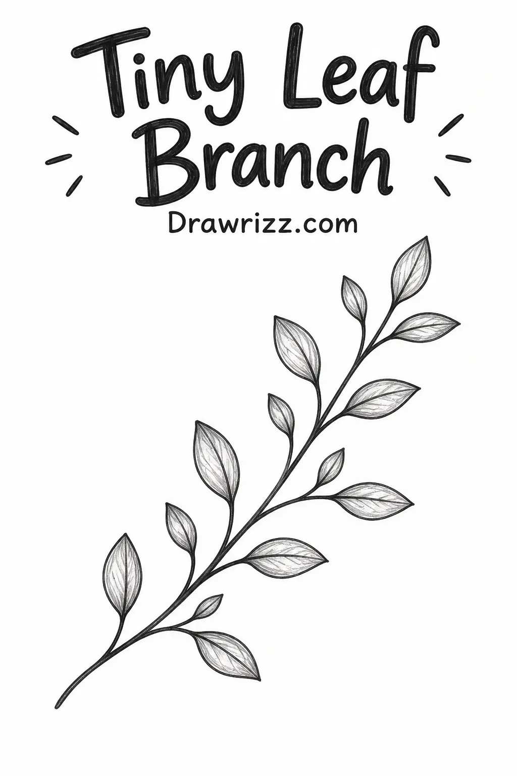 Easy Doodle Drawing Ideas featuring a tiny leaf branch with curved stems and simple leaves in clean black-and-white pencil art.