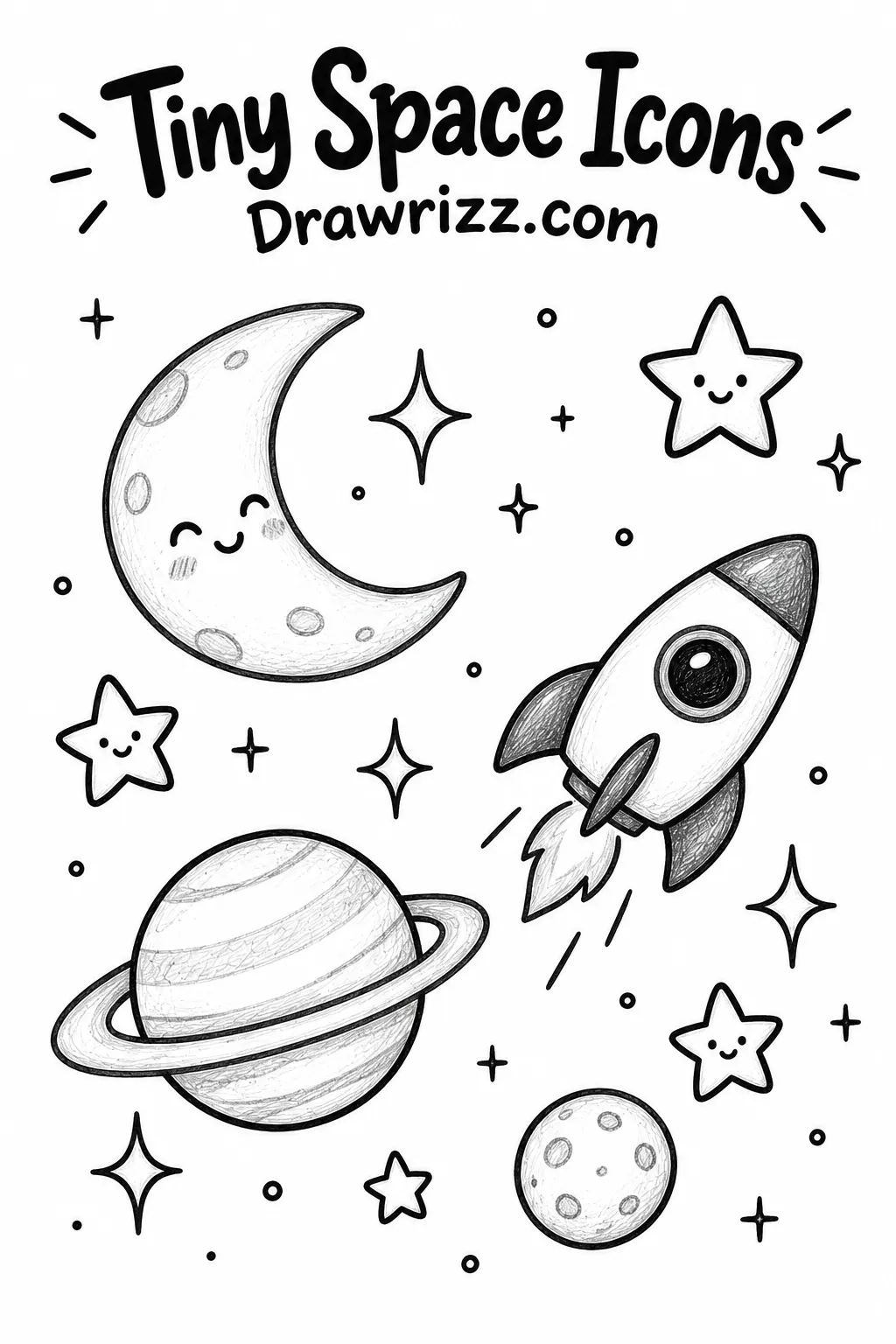 Easy Doodle Drawing Ideas featuring tiny space icons with a crescent moon, rocket, ringed planet, smiling stars and sparkles in simple line art.