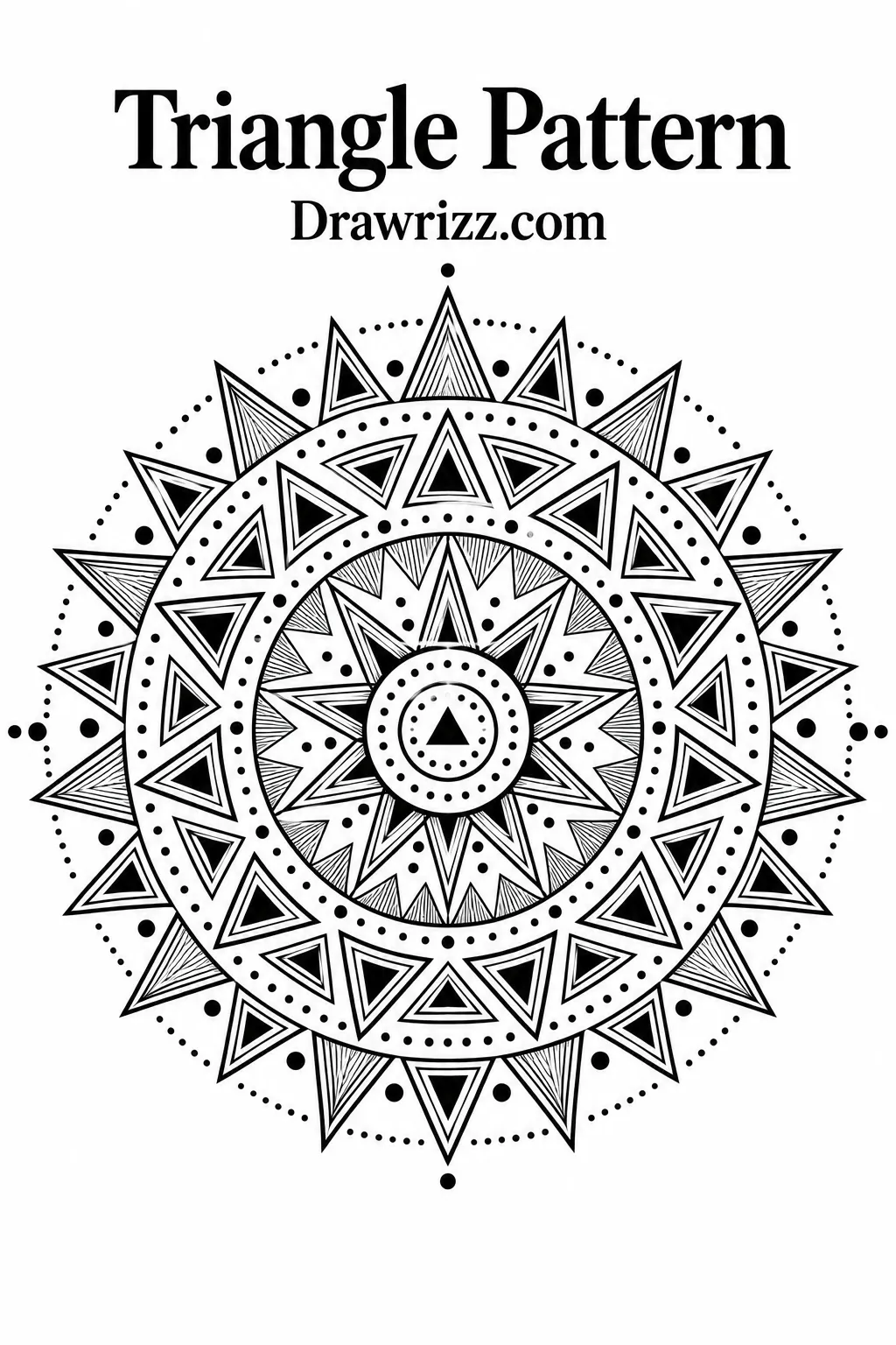 Mandala Drawing Ideas featuring a bold triangle pattern with layered geometric shapes, dotted rings, sharp symmetry, and detailed linework.