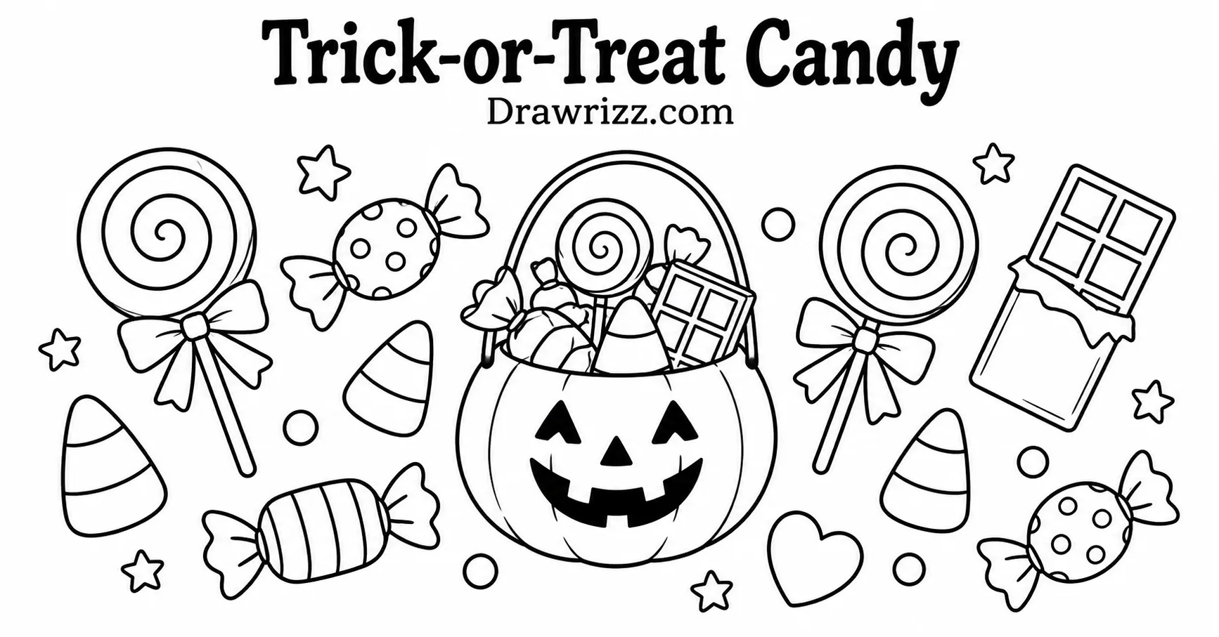 35 Halloween Drawing Ideas for Cute and Spooky Sketches Trick-or-Treat Candy drawing featuring a pumpkin bucket filled with lollipops, candy corn, chocolate, and wrapped Halloween treats.