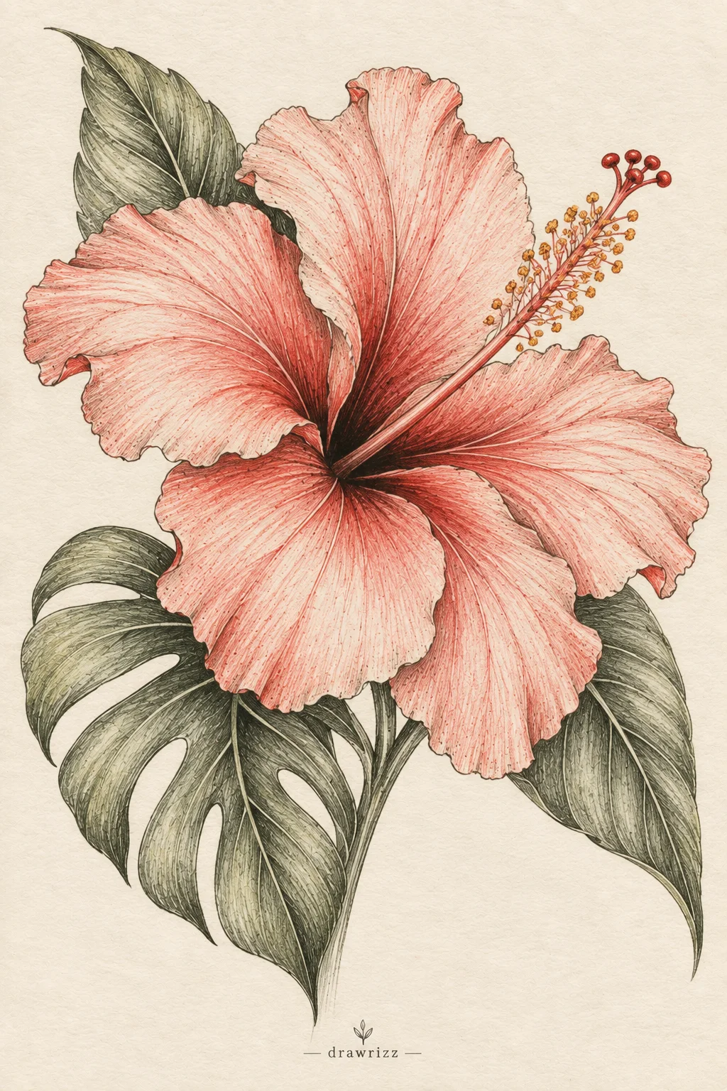 Tropical Hibiscus easy flower drawing ideas featuring a coral hibiscus sketch with ruffled petals, long stamen and detailed tropical leaves.