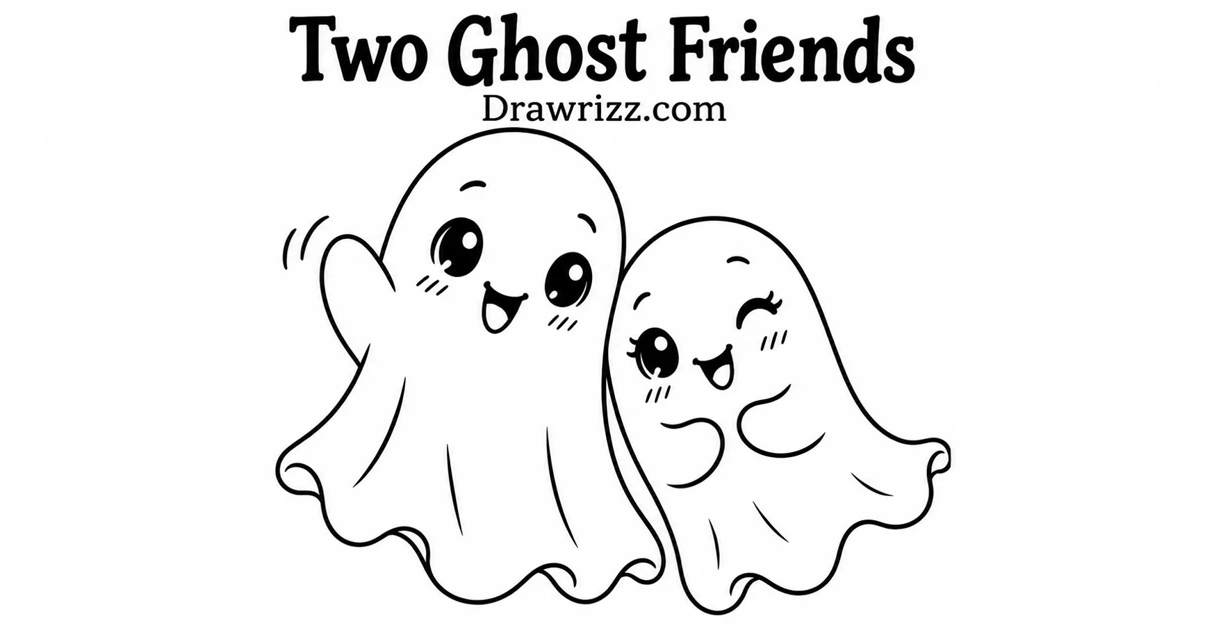 35 Halloween Drawing Ideas for Cute and Spooky Sketches Two Ghost Friends drawing featuring two cute smiling ghosts waving together with big expressive eyes and clean black-and-white outlines.