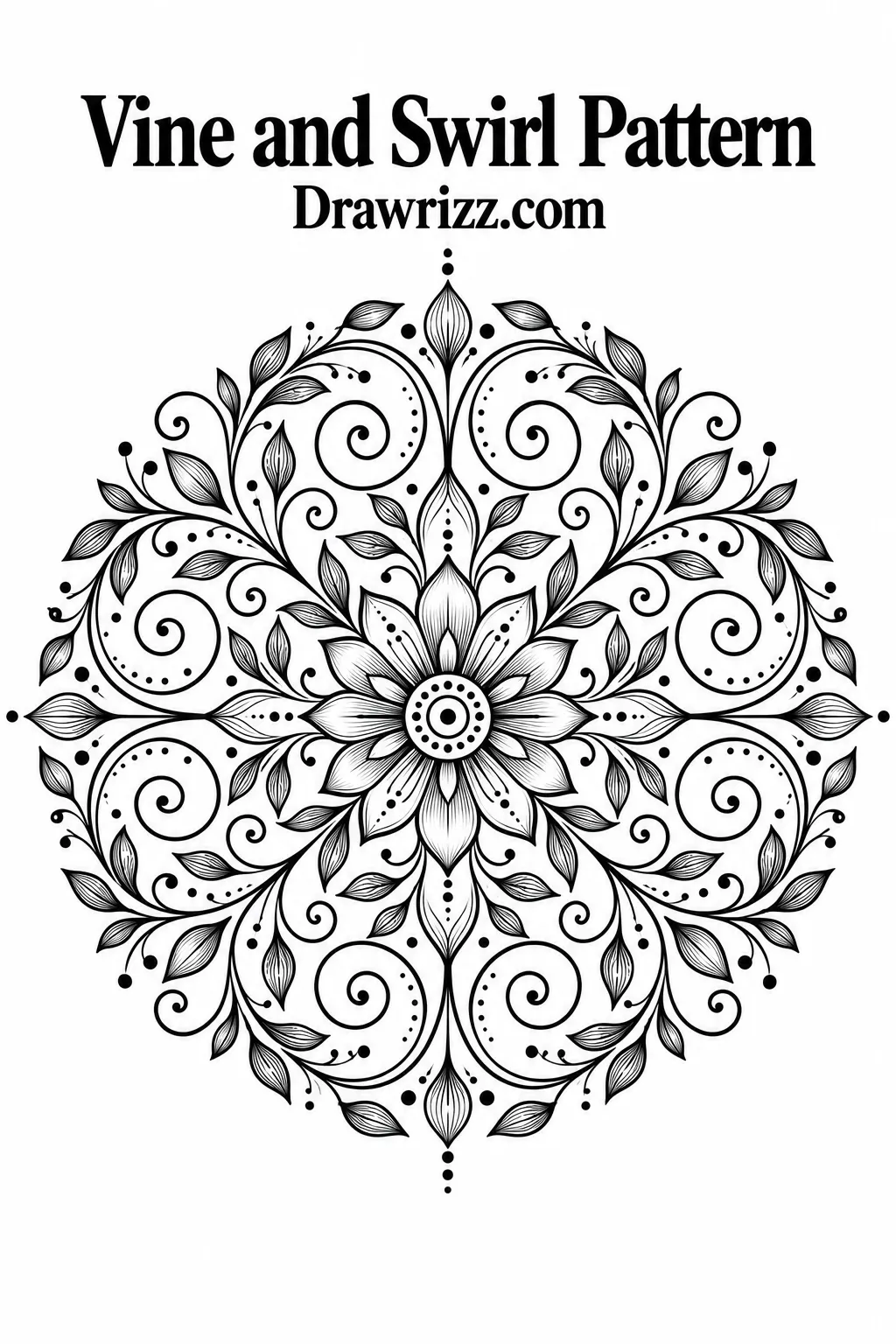 Mandala Drawing Ideas featuring an elegant vine and swirl pattern with flowing botanical leaves, curved ornamental lines, floral details, and balanced radial symmetry.