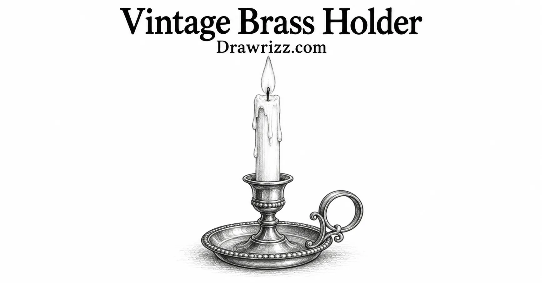 Vintage Brass Holder candle drawing with burning taper, ornate handle, melting wax, and detailed black and white pencil shading